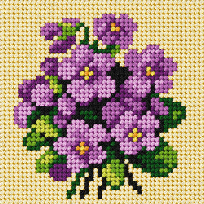 Orchidea mini needlepoint kit showing a violets design in a wooden frame