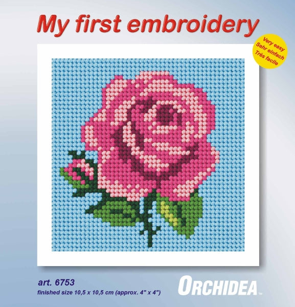 Orchidea mini needlepoint kit showing a rose design in a wooden frame