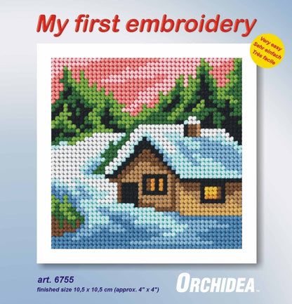 Orchidea mini needlepoint kit showing a winter landscape design in a wooden frame