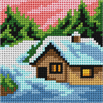 Orchidea mini needlepoint kit showing a winter landscape design in a wooden frame