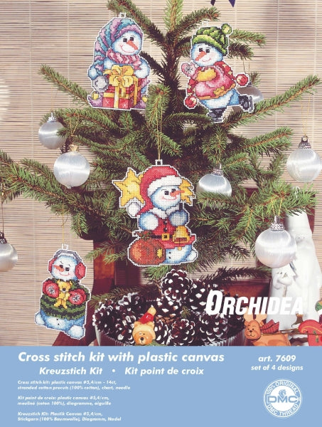 Set of 4 happy snowmen cross stitch decorations on plastic canvas