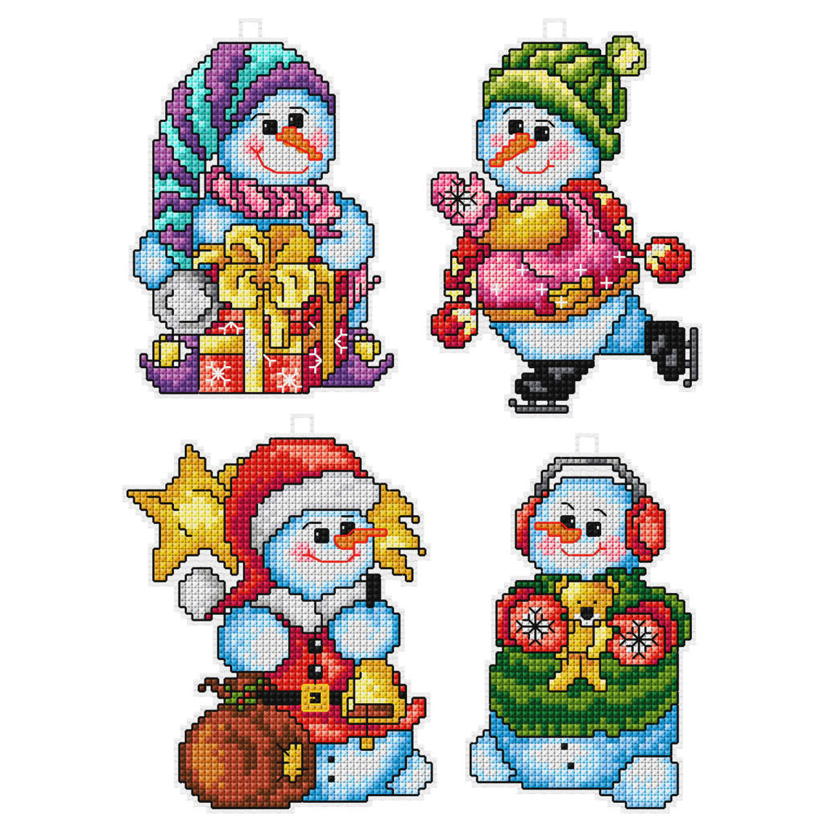 Set of 4 happy snowmen cross stitch decorations on plastic canvas