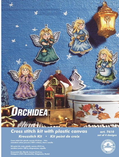 Set of 4 four angels cross stitch decorations on plastic canvas