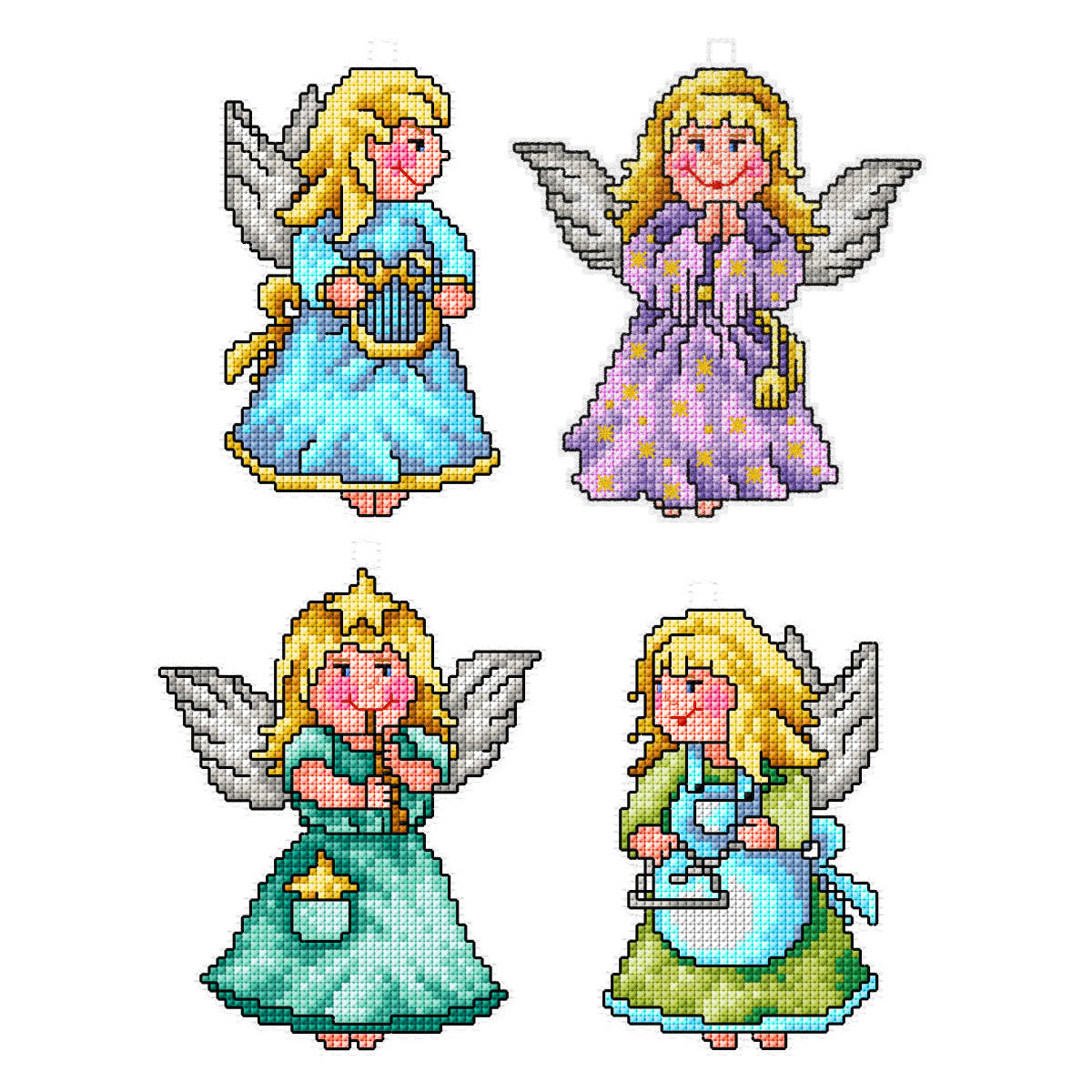 Set of 4 four angels cross stitch decorations on plastic canvas