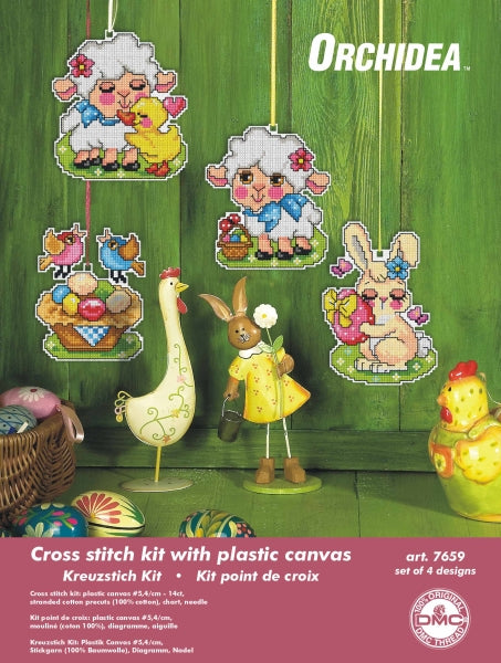 Set of 4 Easter pets cross stitch decorations on plastic canvas