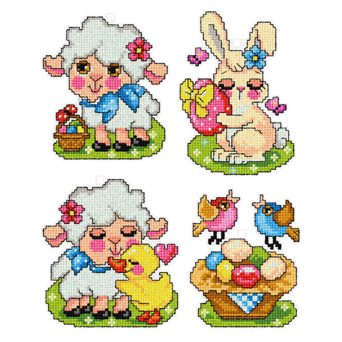 Set of 4 Easter pets cross stitch decorations on plastic canvas