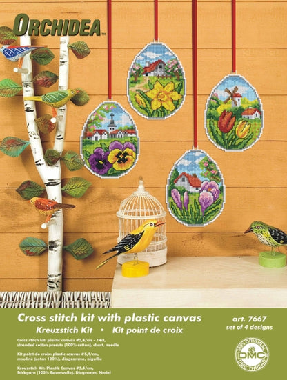 Set of 4 spring eggs cross stitch decorations on plastic canvas