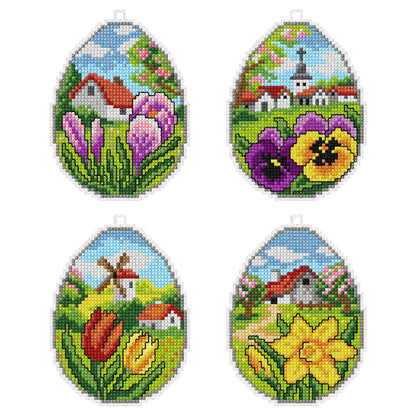 Set of 4 spring eggs cross stitch decorations on plastic canvas
