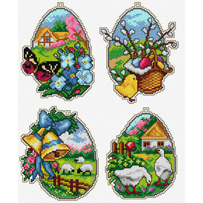 Set of 4 Easter eggs cross stitch decorations on plastic canvas