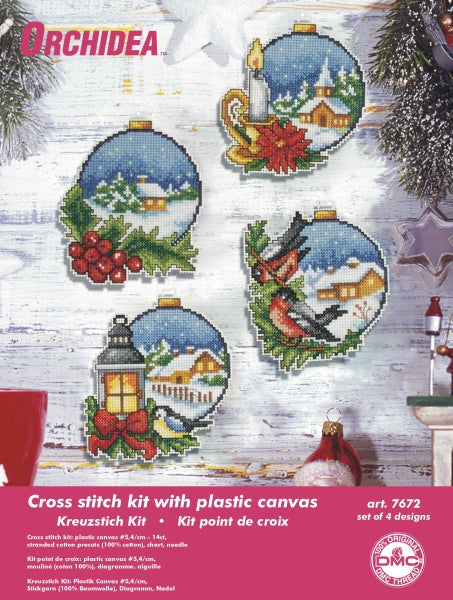 Set of 4 Christmas balls cross stitch decorations on plastic canvas