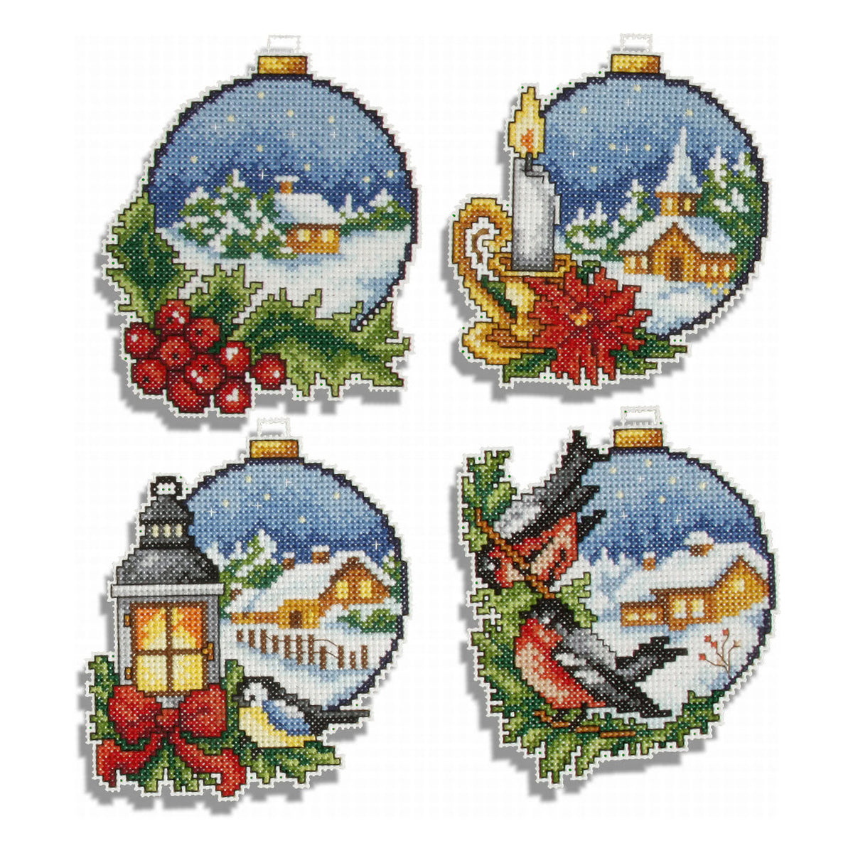 Set of 4 Christmas balls cross stitch decorations on plastic canvas