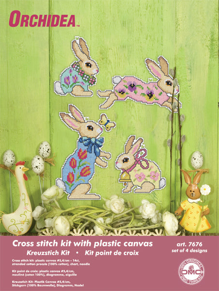 Set of 4 Easter bunnies cross stitch decorations on plastic canvas
