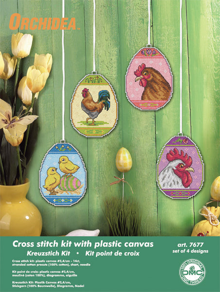 Set of 4 Easter eggs cross stitch decorations on plastic canvas