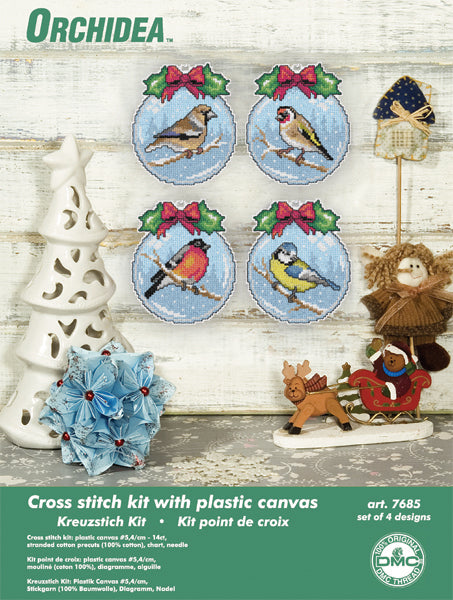 Set of 4 birds cross stitch decorations on plastic canvas