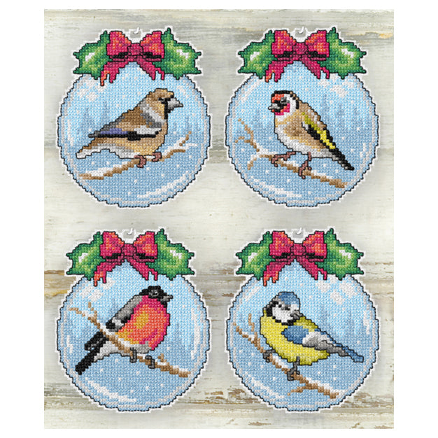 Set of 4 birds cross stitch decorations on plastic canvas