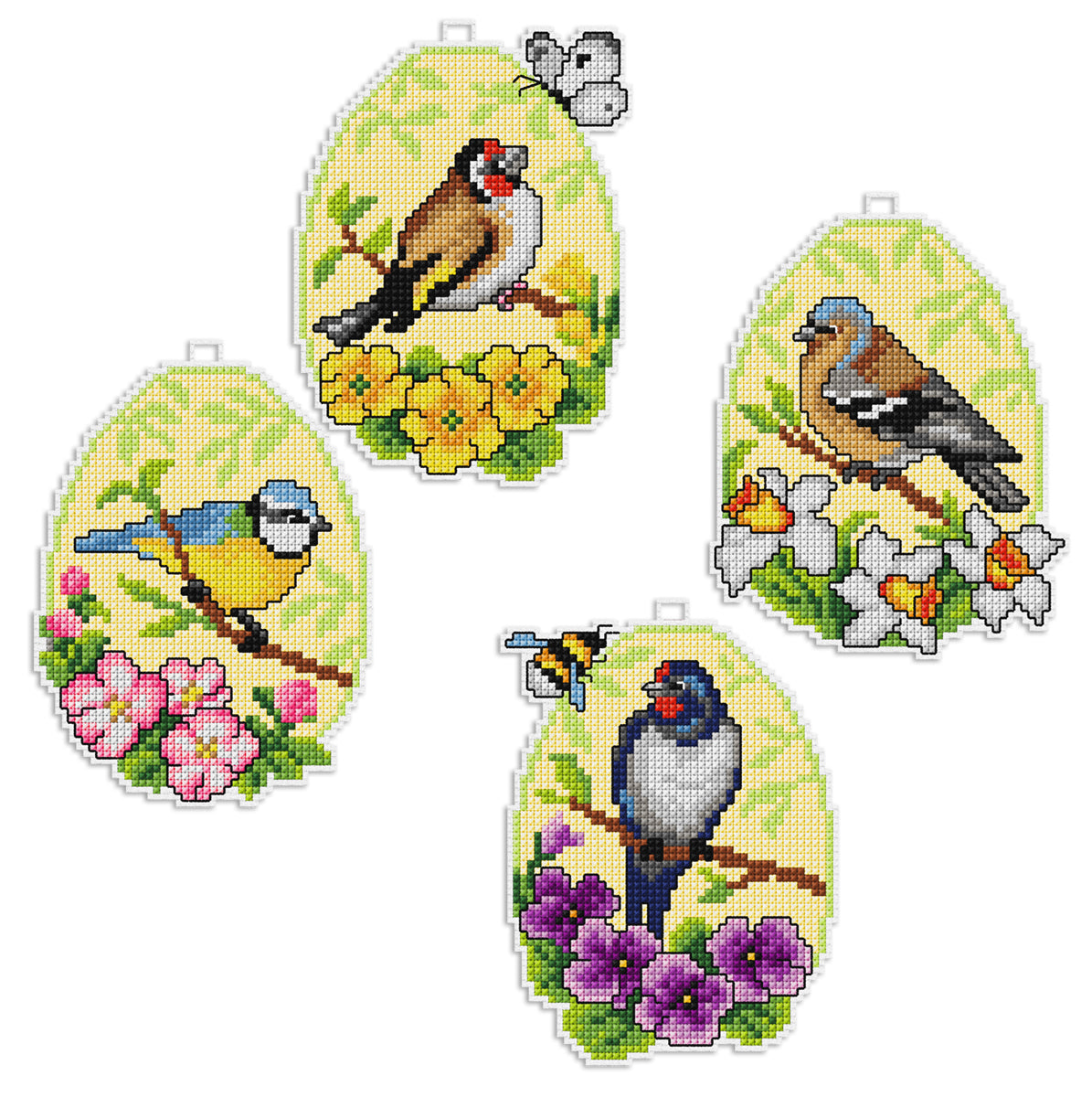 Set of 4 birds cross stitch decorations on plastic canvas