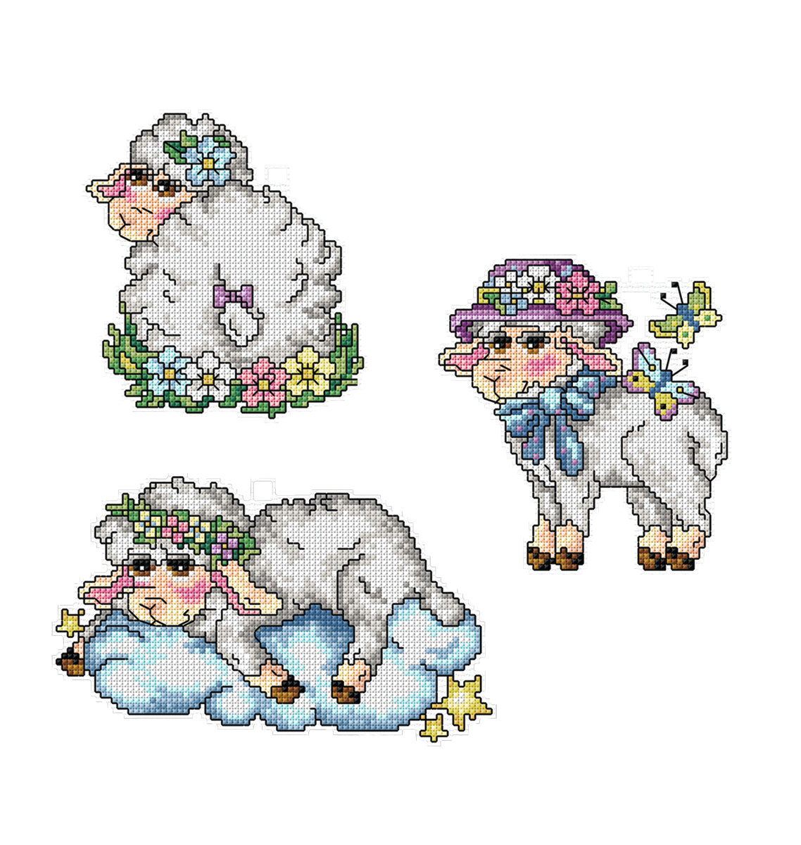 Set of 3 sheep cross stitch decorations on plastic canvas