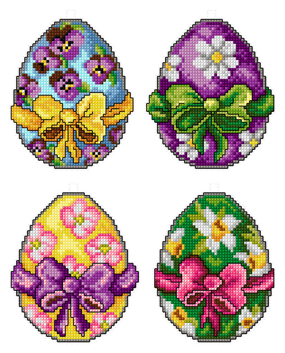 Set of 4 cross stitched easter egg decorations on white plastic canvas