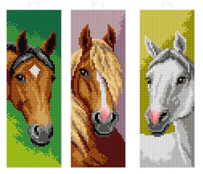 Set of 3 cross stitched horse bookmarks on white plastic canvas