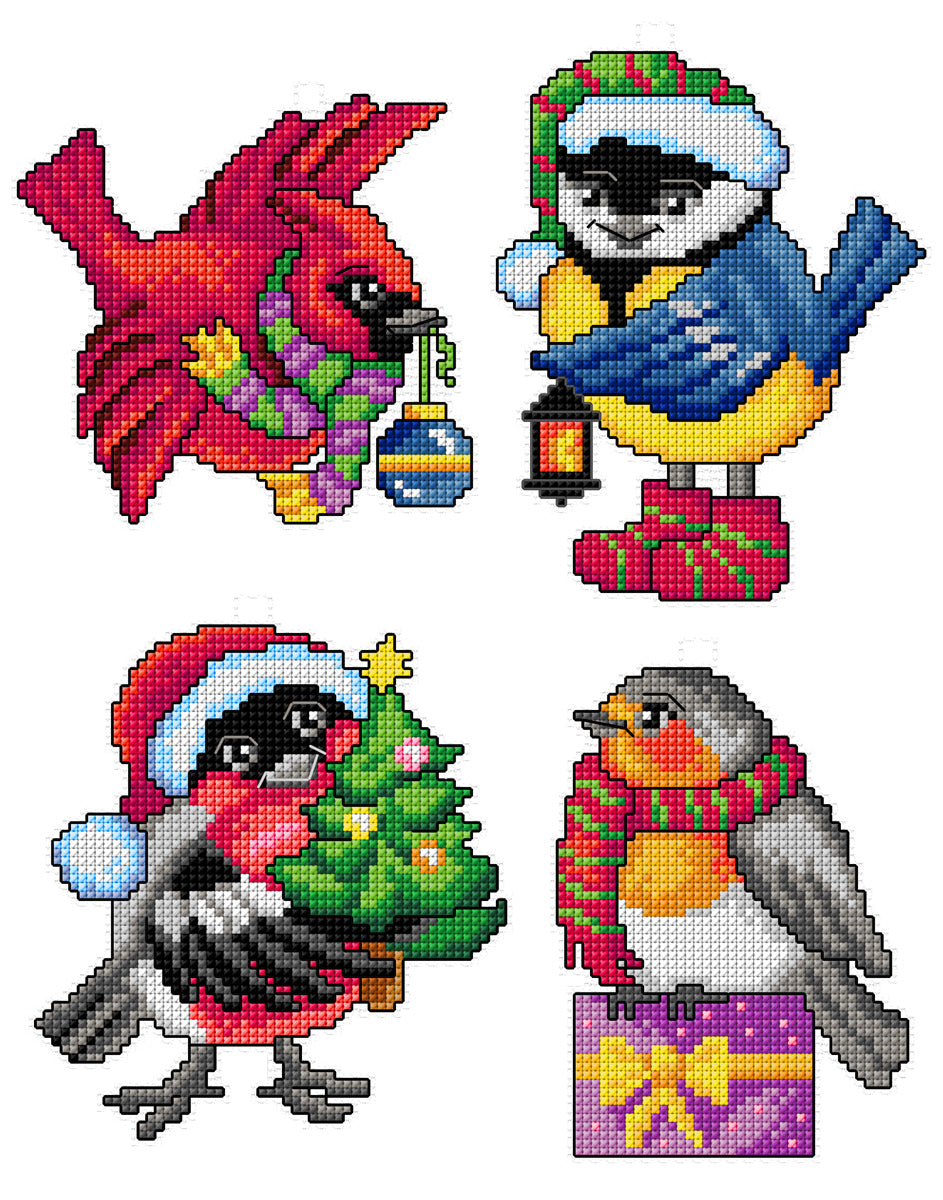 Set of 4 cross stitched bird decorations on white plastic canvas