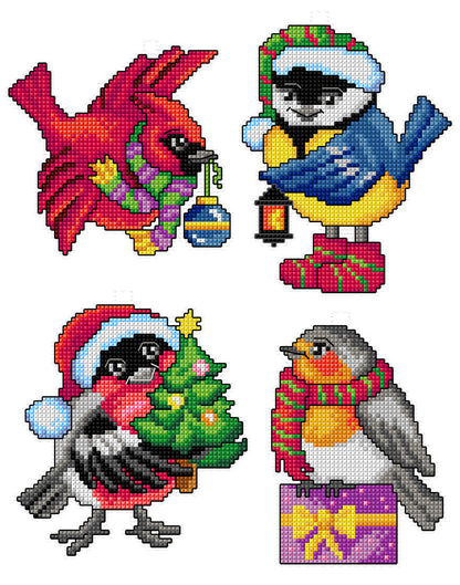 Set of 4 cross stitched bird decorations on white plastic canvas
