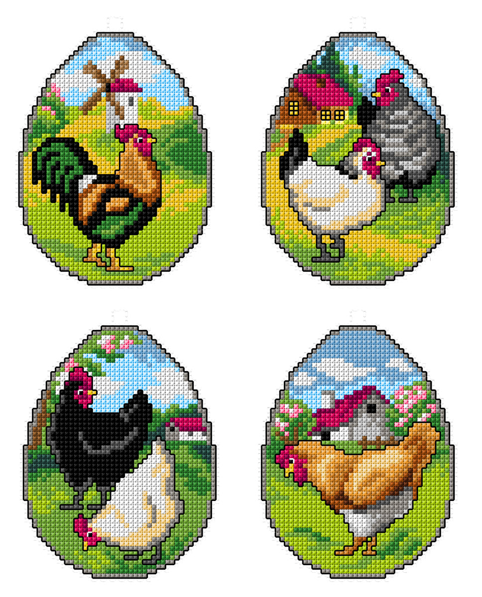 Set of 4 cross stitched hen and egg decorations on white plastic canvas