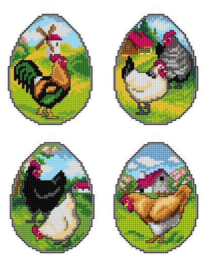 Set of 4 cross stitched hen and egg decorations on white plastic canvas