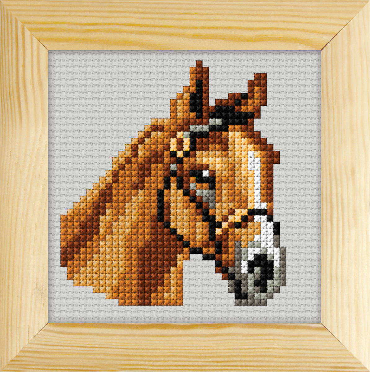 Cross stitched horse design in a round wooden frame