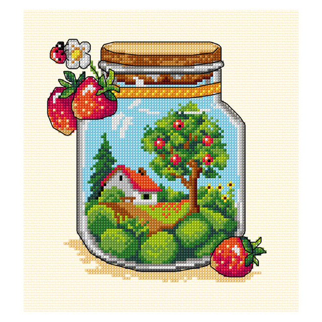 Cross stitch picture of a glass jar with summer themed contents