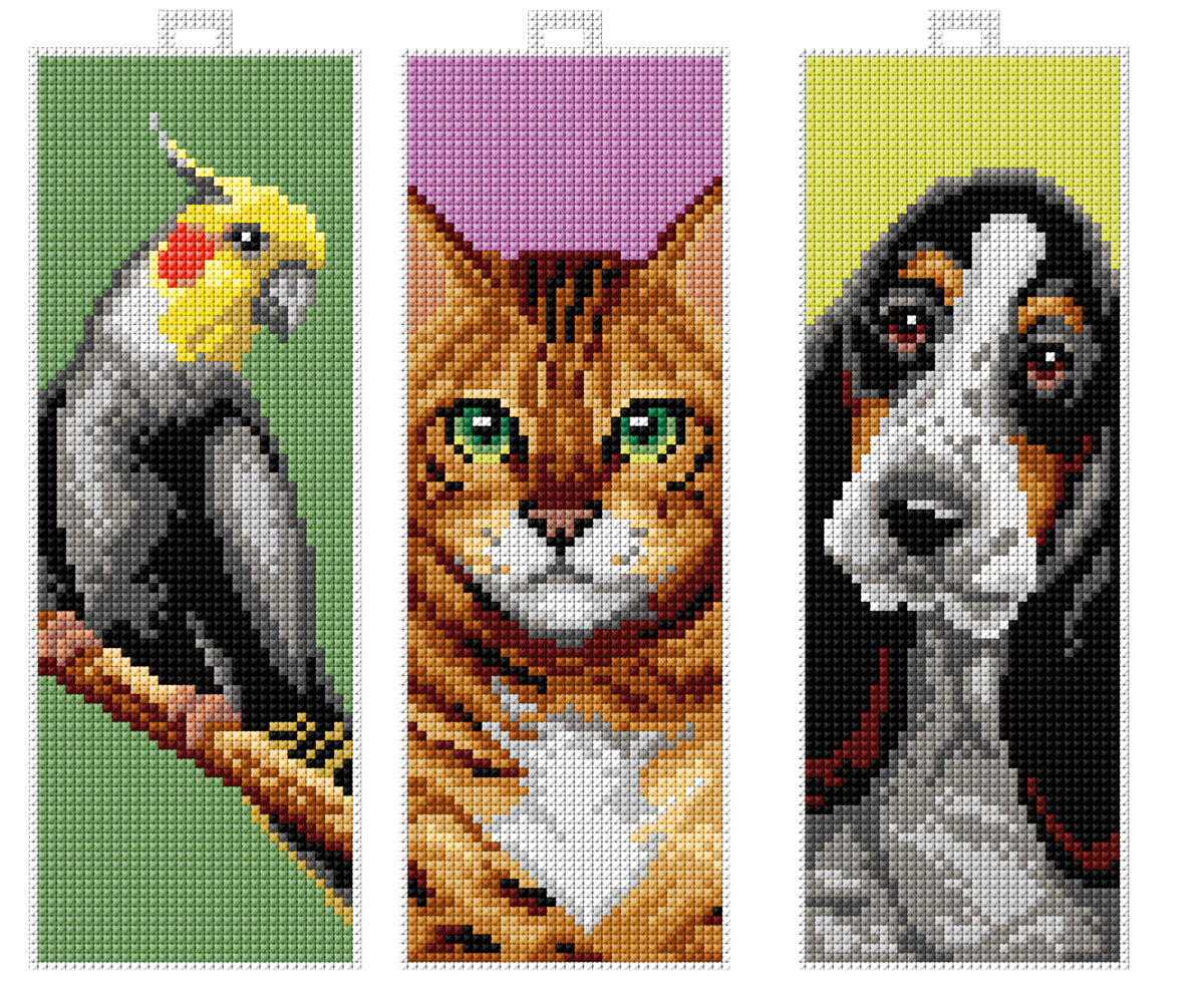 Set of 3 cross stitched animal bookmarks on white plastic canvas