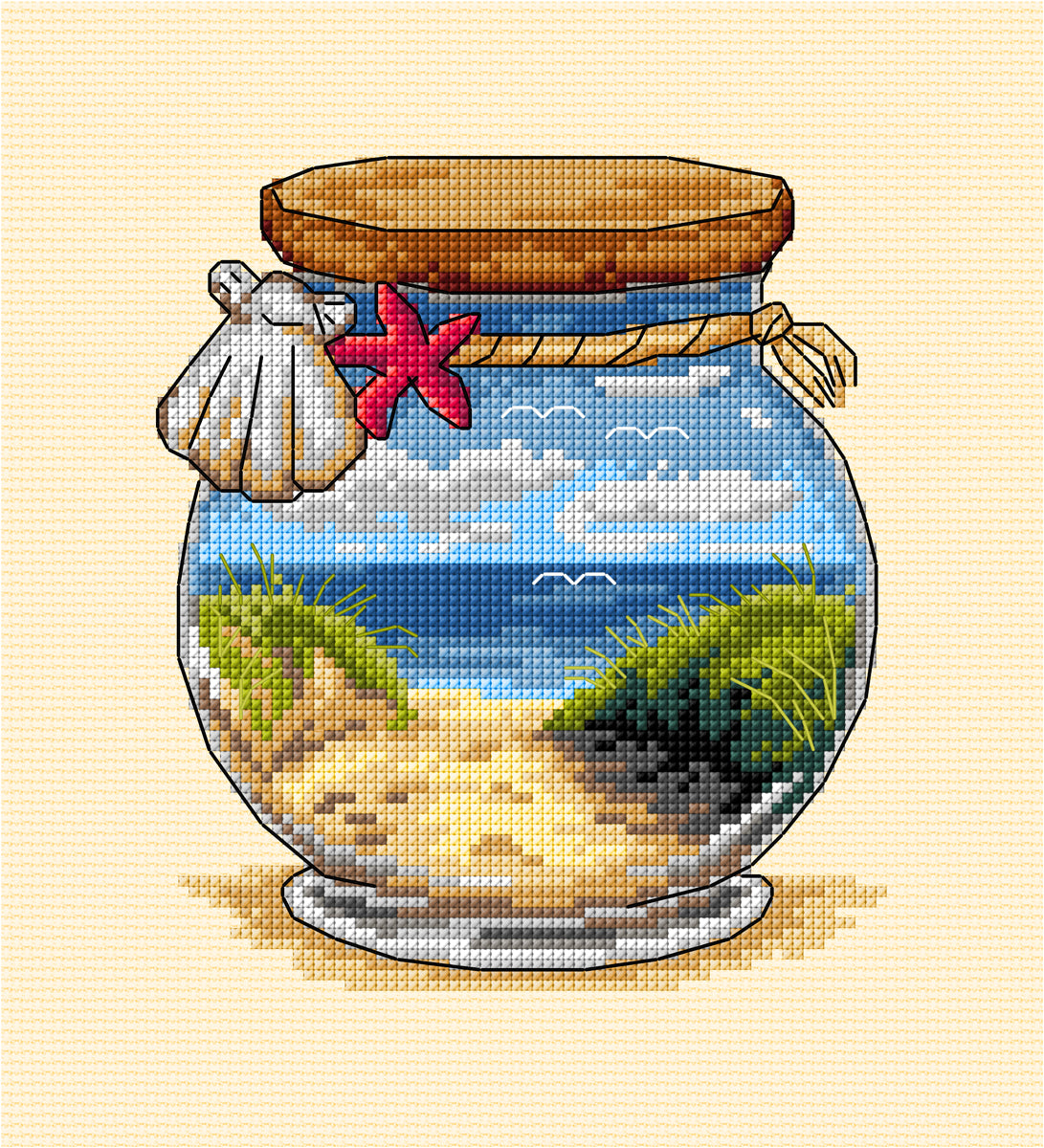 Cross stitch picture of a sea and beach holiday scene