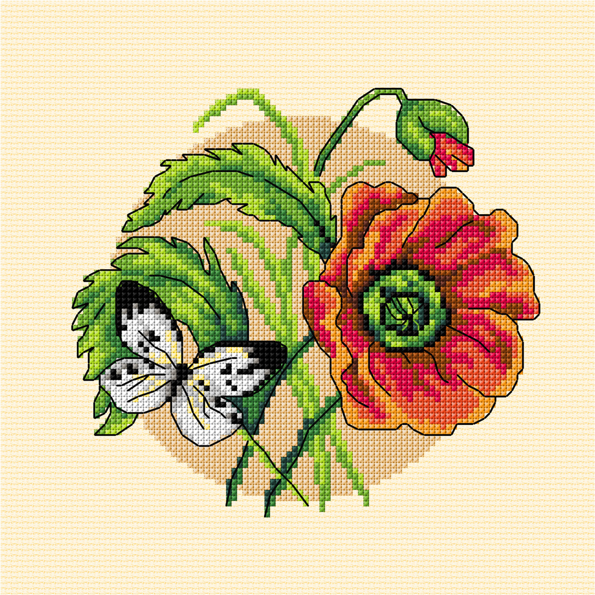 Cross stitch picture of a poppy on cream fabric