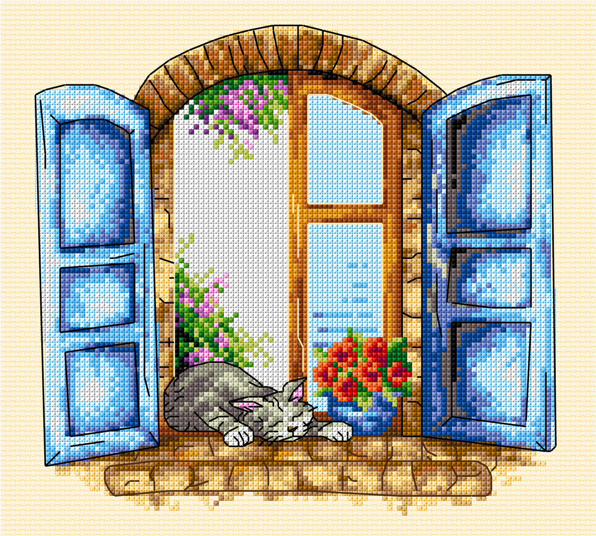 Cross stitch picture of a window on cream fabric