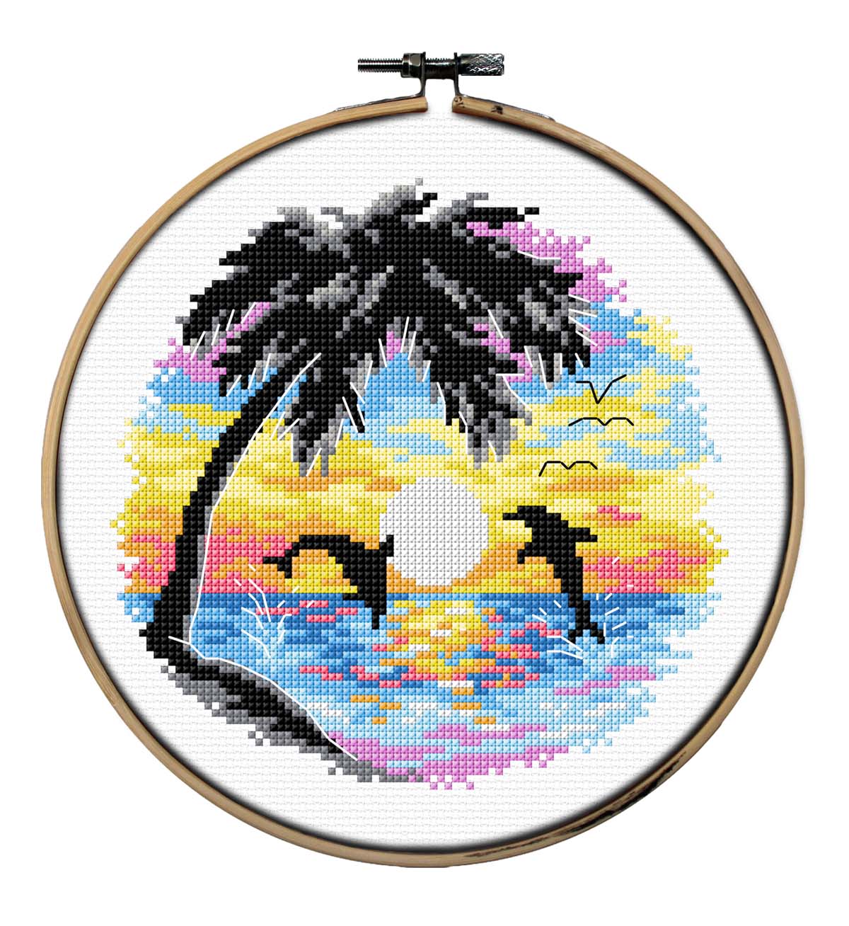 Orchidea dolphins cross stitch in an embroidery hoop