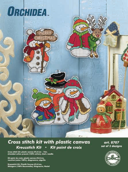 Set of 3 stitched snowmen plastic canvas decorations