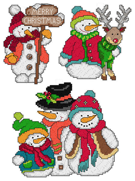 Set of 3 stitched snowmen plastic canvas decorations