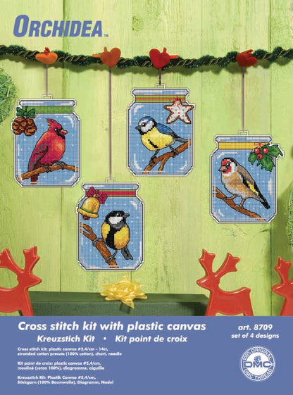 Set of 4 stitched bird jars plastic canvas decorations