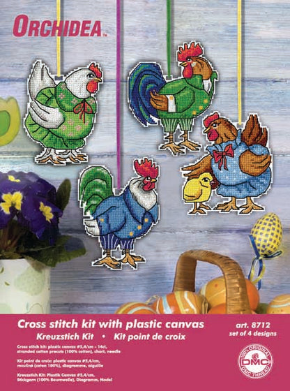 Set of 4 stitched hens plastic canvas decorations