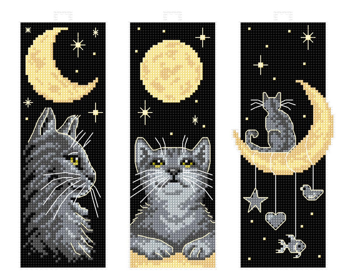Set of 3 stitched cats at night plastic canvas bookmarks