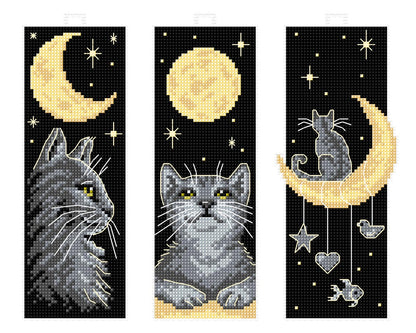 Set of 3 stitched cats at night plastic canvas bookmarks