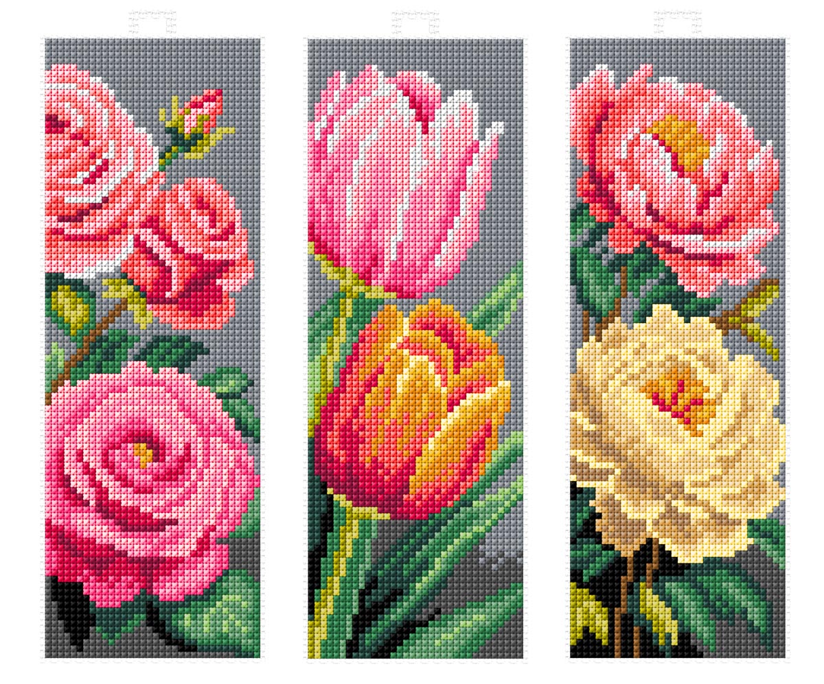 Set of 3 stitched flowers plastic canvas bookmarks