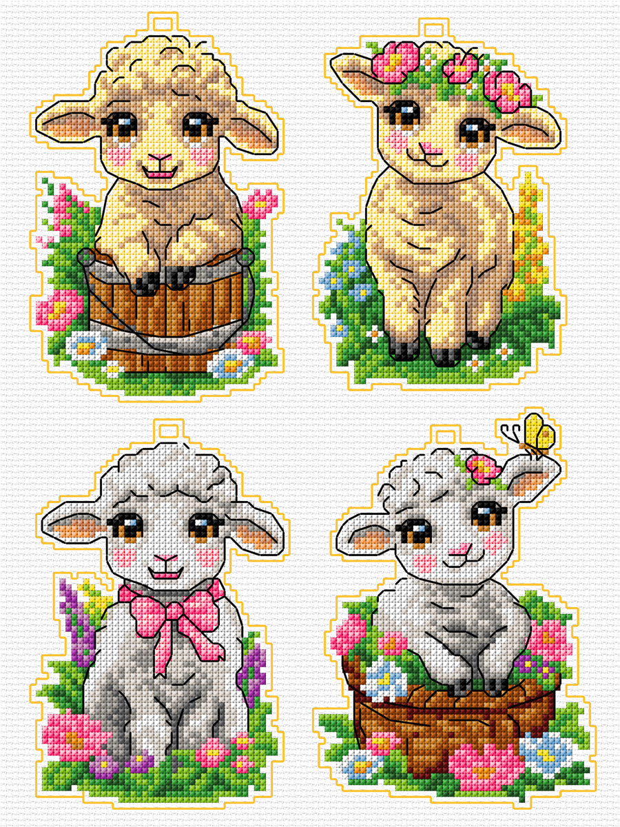 Set of 4 stitched sheep plastic canvas decorations