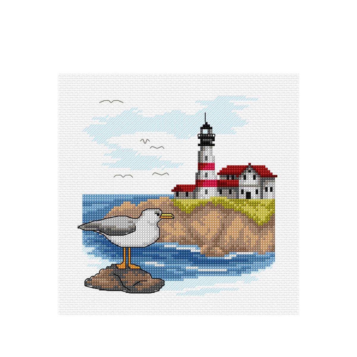 Cross stitch picture of a lighthouse on white fabric
