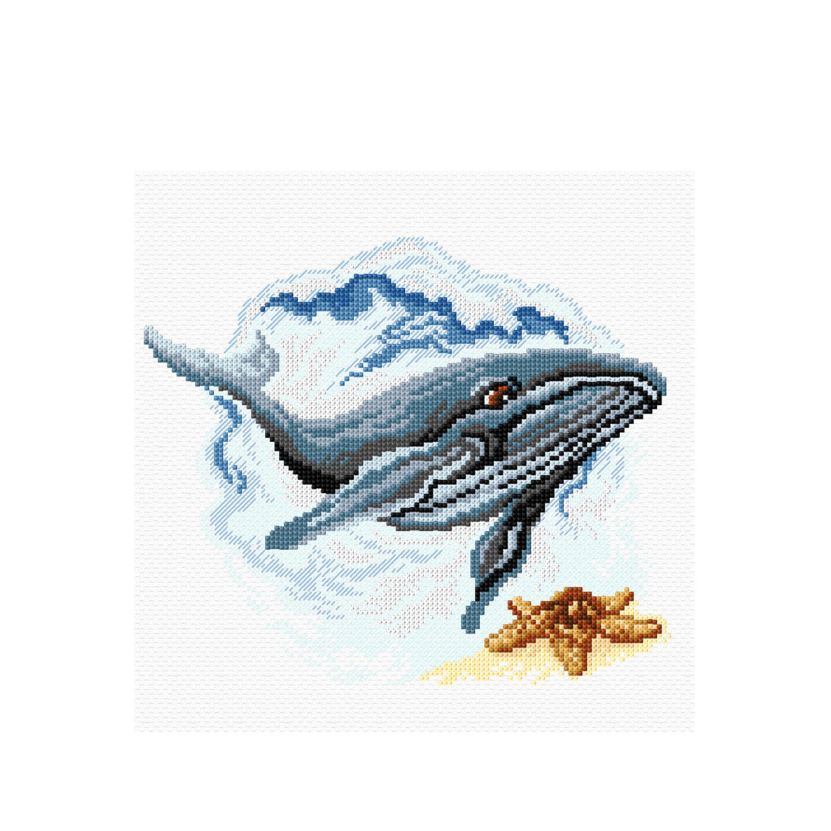 Cross stitch picture of a whale on white fabric