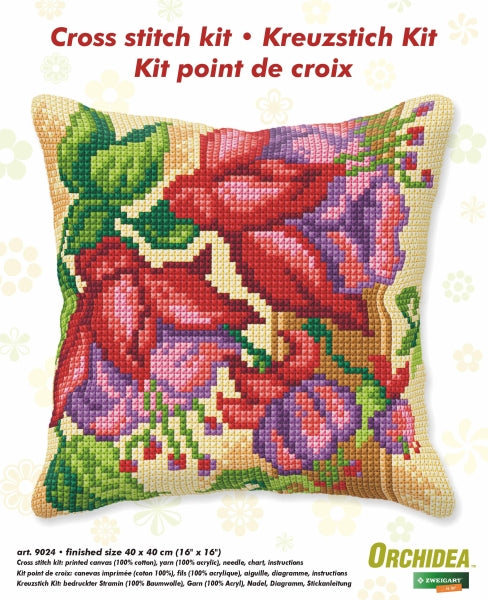 Cross stitched cushion with a exotic flowers design