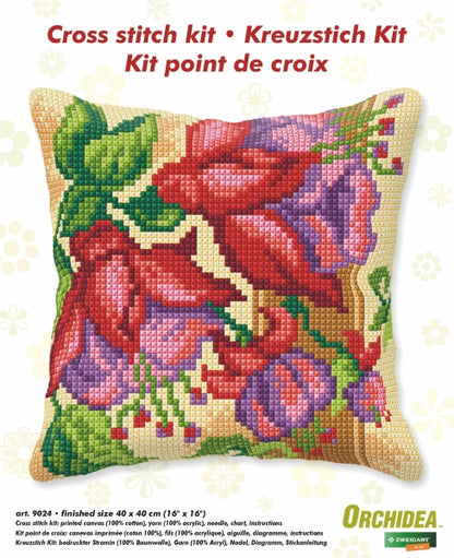 Cross stitched cushion with a exotic flowers design