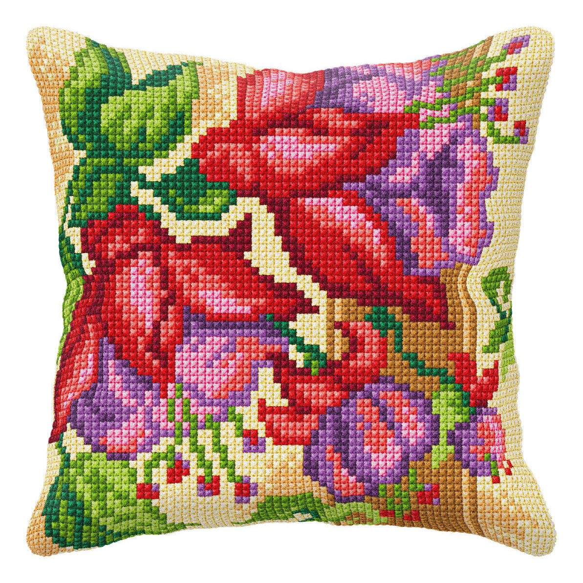 Cross stitched cushion with a exotic flowers design