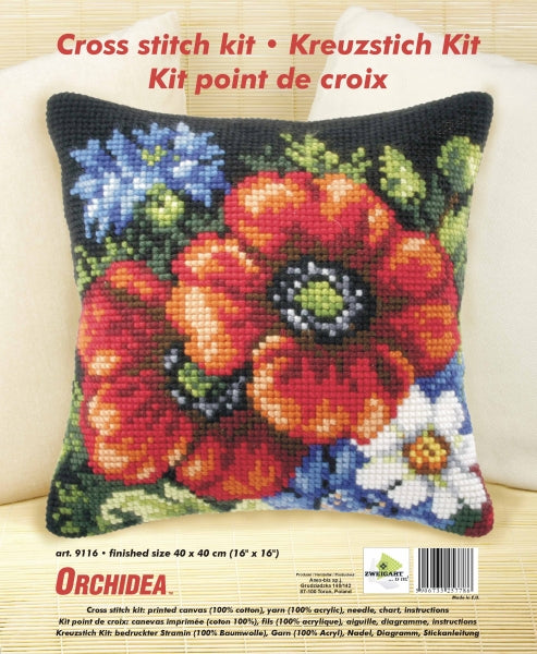 Cross stitched cushion with a wildflowers on black design