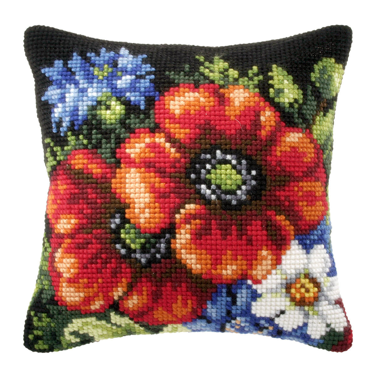 Cross stitched cushion with a wildflowers on black design