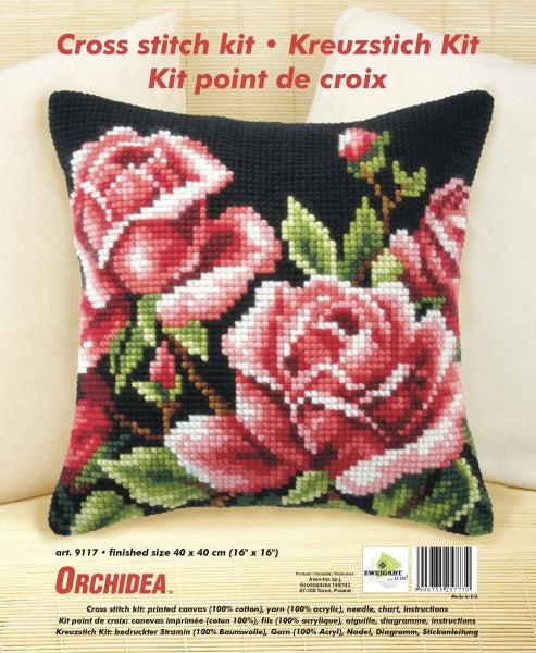 Cross stitched cushion with a roses on black design